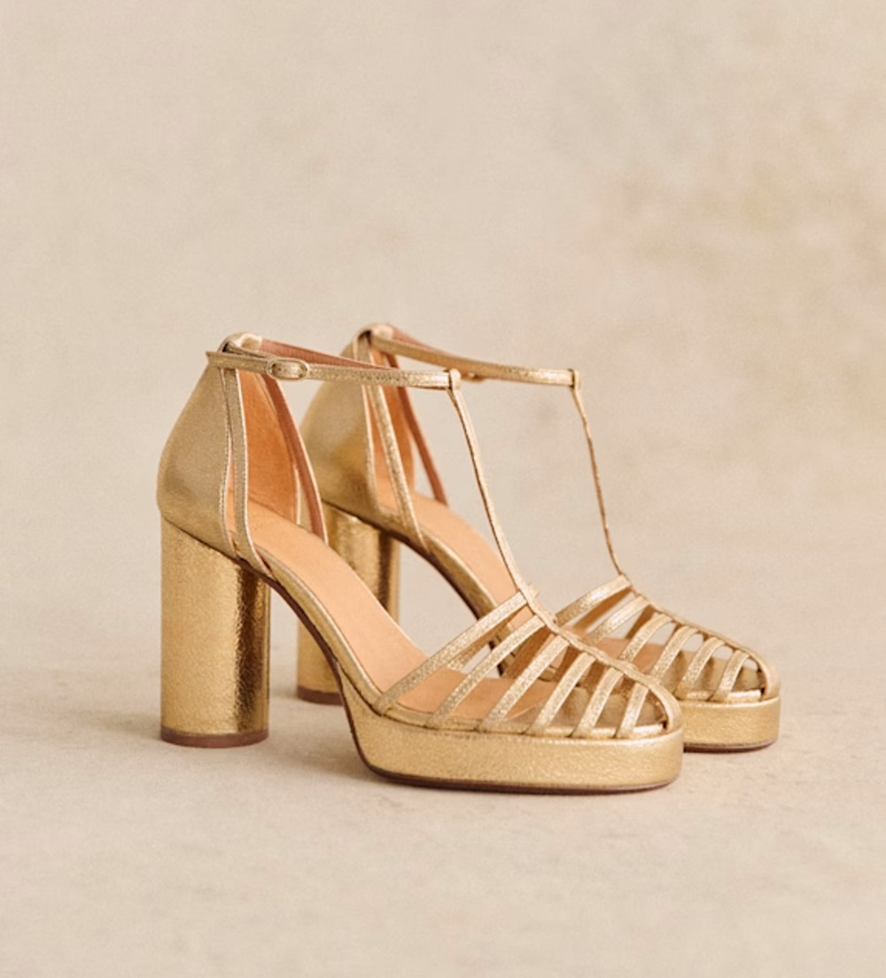 NWOT Souliers x Sezane Daria Metallic Leather Block Heel Strappy Sandals Gold 40